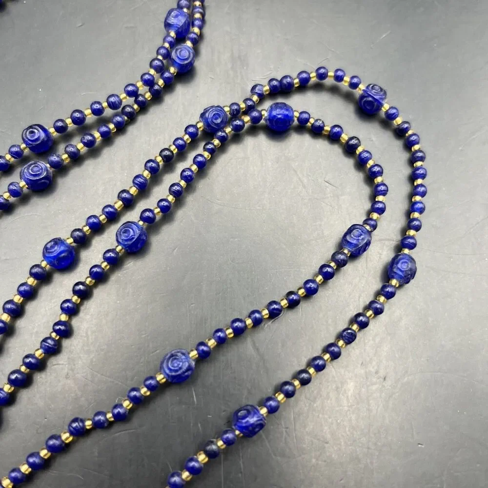 Vintage Extra Long Glass Bead Necklace Small Beads Dark Blue Gold Tone 48 Inch